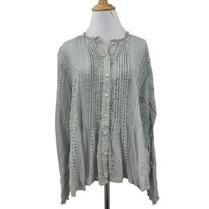 Johnny Was Blouse Women L Large Grey Sveta Eyelet Embroidered Pintuck Rayon Top